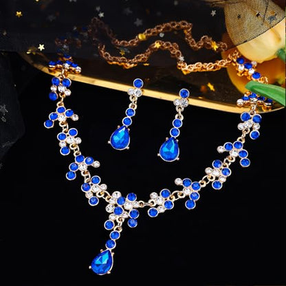 Crystal Crown and Tiara Jewelry Set for Women Bride with Necklace Earrings | Metal Rhinestone Royal Queen Princess Jewelry Set Wedding Quinceanera Pageant Prom Birthday Halloween Party Costume Gift - color: Blue
