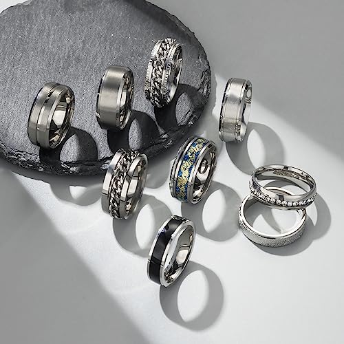 EIELO 9Pcs Stainless Steel Band Rings for Men Women Cool Fidget Spinning Chain Ring Anxiety Relief Fashion Simple Wedding Engagement Black Ring Set - color: Silvery