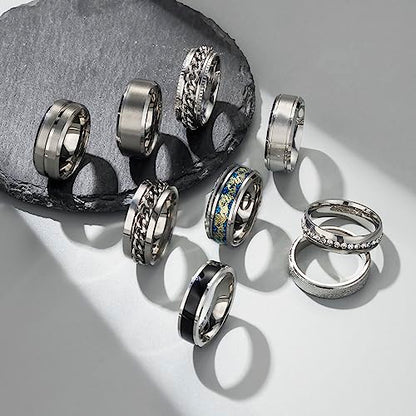 EIELO 9Pcs Stainless Steel Band Rings for Men Women Cool Fidget Spinning Chain Ring Anxiety Relief Fashion Simple Wedding Engagement Black Ring Set - color: Silvery