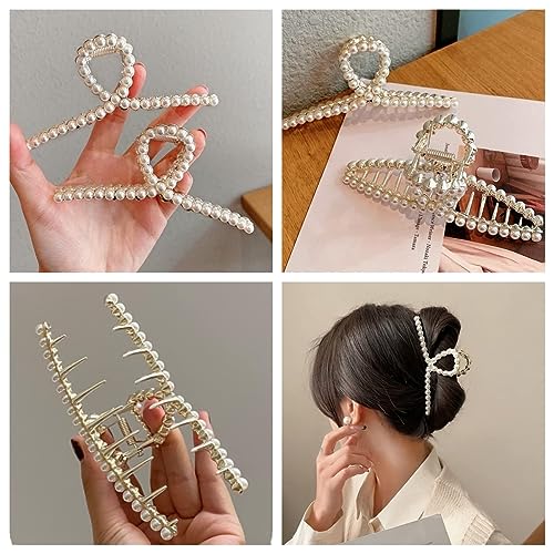 Metal Hair Clips Imitation Pearl Rhinestone Non Slip Hair Claw Clamps Barrettes Decorations for Thin Thick Hair, Crystal Bow Hairpin for Women Ladies(2 Pack)