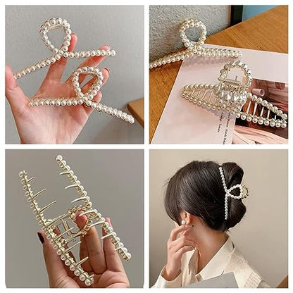 Metal Hair Clips Imitation Pearl Rhinestone Non Slip Hair Claw Clamps Barrettes Decorations for Thin Thick Hair, Crystal Bow Hairpin for Women Ladies(2 Pack)