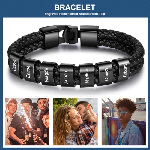 Personalized Braided Leather Bracelet with Photo Custom Name Beads Cuff Bangle Jewelry Gifts for Men Dad Husband Grandpa Fathers Day - color: Style 2-Black-8.5inch
