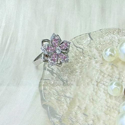 Sunflower Fidget Ring for Women Gold Anxiety Crystal Rings Cubic Zirconia Sunflower Open Adjustable Fidget Ring Spinner Sun Ring for Men Trendy Jewelry - color: Silver Pink
