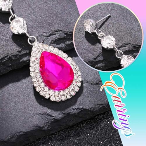 Catery Rhinestone Earrings Silver Crystal Teardrop Earrings Long Wedding Jewelry for Women - color: Hot-Pink