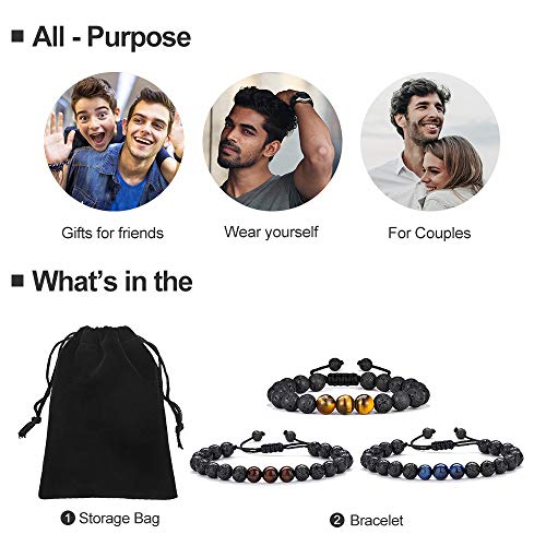M MOOHAM Mens Bracelet - Beaded Natural Stone 8mm Tiger Eye Matte Agate Lava Rock Bracelets for Men Teen Boys Grandpa Dad Birthday Gifts Jewelry - style: 3 pcs Lava Rock&Tiger Eye Bracelets