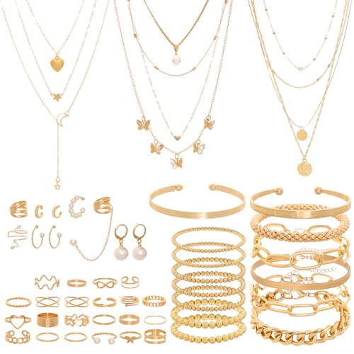 54 Pcs Gold Jewelry Set for Women Multi Layered Necklace Knuckle Rings Stackable Bracelets Dainty Ear Clips Fashion Jewelry set Anniversary Birthday Valentine Gifts for Women Girls