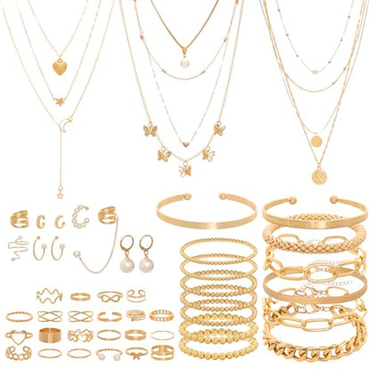 54 Pcs Gold Jewelry Set for Women Multi Layered Necklace Knuckle Rings Stackable Bracelets Dainty Ear Clips Fashion Jewelry set Anniversary Birthday Valentine Gifts for Women Girls