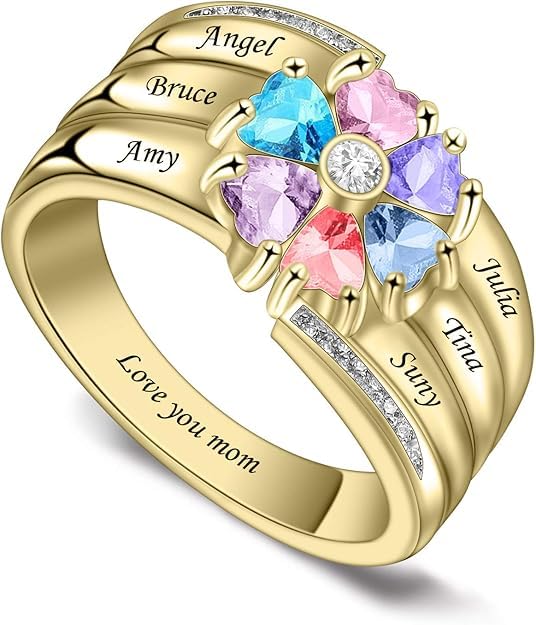Custom Multi-Stone Family Ring 925 Sterling Silver/10K/14K/18K Gold Colored Personalized (2-8 stones) Birthstone Engraved Ring for Women Mom Wife Jewelry Gifts - style: Six Stone