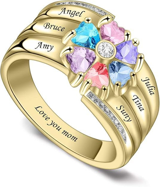 Custom Multi-Stone Family Ring 925 Sterling Silver/10K/14K/18K Gold Colored Personalized (2-8 stones) Birthstone Engraved Ring for Women Mom Wife Jewelry Gifts - style: Six Stone