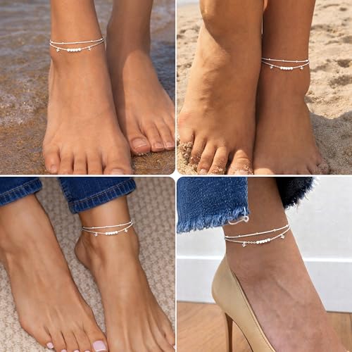 Gold/Sterling Silver Anklet Bracelets for Women Waterproof, Non Tarnish 925 Sterling Sliver Plated Heart Evileye Butterfly Charm, Dainty Summer Beach Anklets for Women, Beach Vacation Bikini Outfits for Her Mom - style: Beaded-Silver