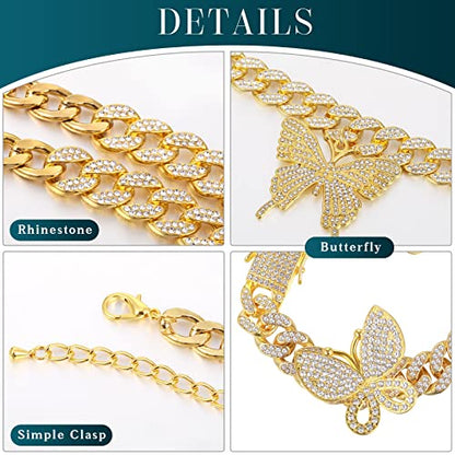 3 Pcs Butterfly Cuban Jewelry Set Cuban Link Chain Necklace for Women Rhinestone Pendant Necklace Bracelet Large Hoop - color: Gold, style: Classic