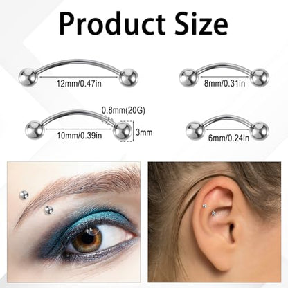 Yolev 8 Pcs 20G Curved Barbell Piercing Jewelry Stainless Steel Eyebrow Jewelry 4 Sizes Vertical Labret Lip Jewelry Eyebrow Piercing Belly Button Ring Eyebrow Ring For Women (6mm 8mm 10mm 12mm)