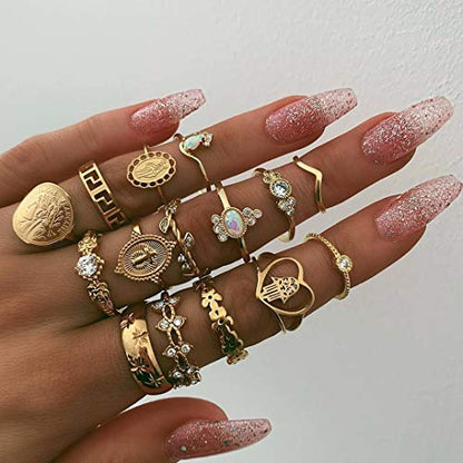 HUJUON 27-34PCS Knuckle Rings Set for Women Stackable Finger Ring Sets Vintage Joint Midi Rings Gold/Silver Star Moon Stacking Rings for Women - style: 27PCS