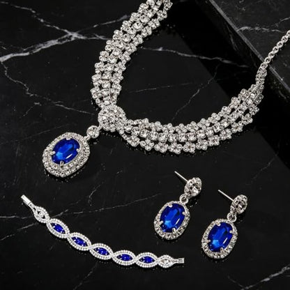 3-Piece Royal Blue Bridal Jewelry Sets Necklace Earrings Bracelet for Women Wedding Prom Accessories