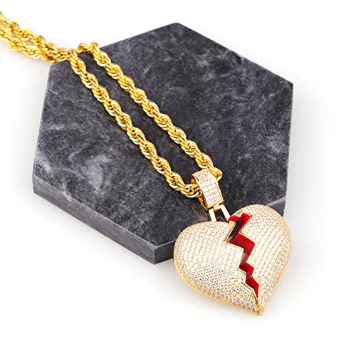 Broken Heart Pendant Necklace Hip Hop CZ Fully Iced Out Bling CZ Diamond 24K White Gold Plated with 24" Stainless Rope Chain - color: Gold