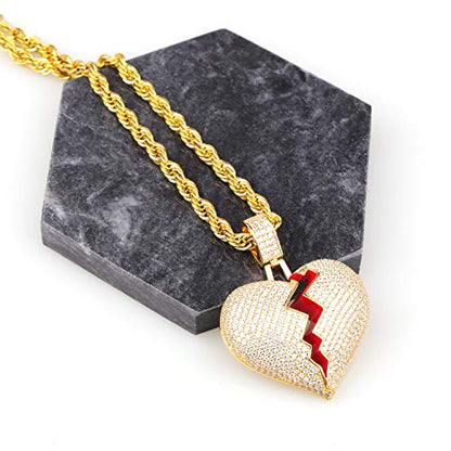 Broken Heart Pendant Necklace Hip Hop CZ Fully Iced Out Bling CZ Diamond 24K White Gold Plated with 24" Stainless Rope Chain - color: Gold
