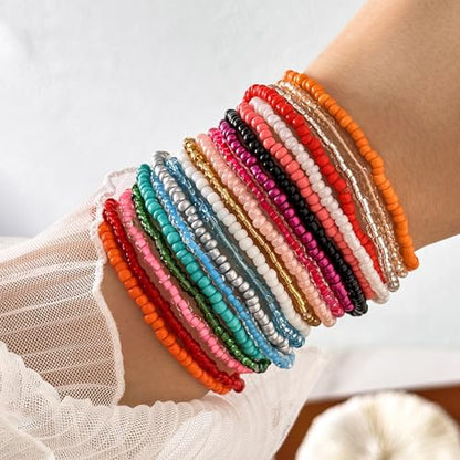 16-30Pcs Handmade Bohemian Colorful Crystal Seed Beads Stackable Adjustable Elastic Stretch Multilayerd Bracelets for Women Summer Vacation Beach Boho Bangle Jewelry - color: mix 1