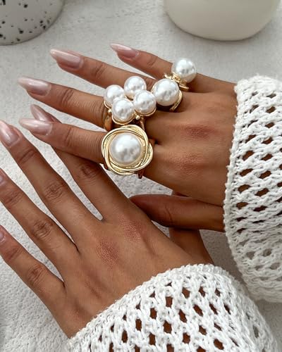 Chunky Gold Shell Starfish Ring Set for Women Trendy Gold Flower Scallop Seashell Starfish Gemstone Rings Adjustable Stacking Statement R-ings Non Tarnish Spring Summer Jewelry Accessories - color: A8:3 pcs