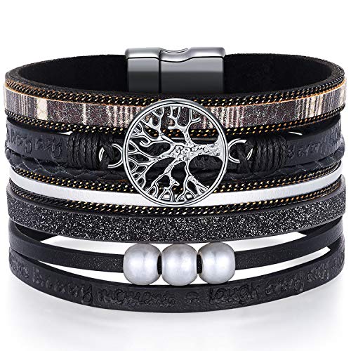 Desimtion Inspirational Tree of Life Boho Leather Wrap Bangle Bracelets for Women, Teen Girl Gifts Trendy Stuff, Fashion Accessories Jewelry Gifts for Women Girls - color: Black