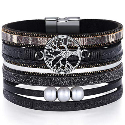 Desimtion Inspirational Tree of Life Boho Leather Wrap Bangle Bracelets for Women, Teen Girl Gifts Trendy Stuff, Fashion Accessories Jewelry Gifts for Women Girls - color: Black