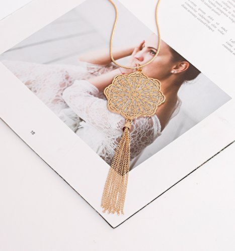 MOLOCH Long Necklaces For Woman Disk Circle Pendant Necklaces Tassel Fringe Necklace Set Statement Pendant - color: floral-shaped-gold