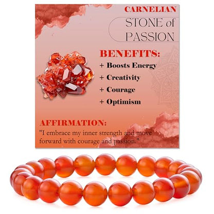 Bivei 8mm Beaded Bracelets for Women Handmade Semi Precious Natural Stone Stretch Elastic Jewelry Yoga Protection Gifts - color: Carnelian - Passion, size: Large 8-8.27 inch