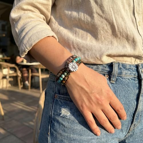 YGLINE Boho Handmade Natural Stone Bead 3 Row Wide Wrap Wrist Statment Bracelet Jewelry Collection - color: agate
