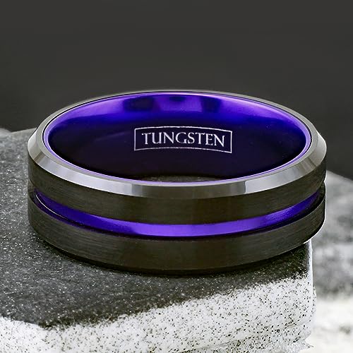 Magnificent 6mm/8mm Piano Black Tungsten Carbide Band Ring w/Brilliant Purple Stripe & Matching Purple Anodized Aluminum Comfort Fit Inner Band.