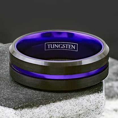 Magnificent 6mm/8mm Piano Black Tungsten Carbide Band Ring w/Brilliant Purple Stripe & Matching Purple Anodized Aluminum Comfort Fit Inner Band.