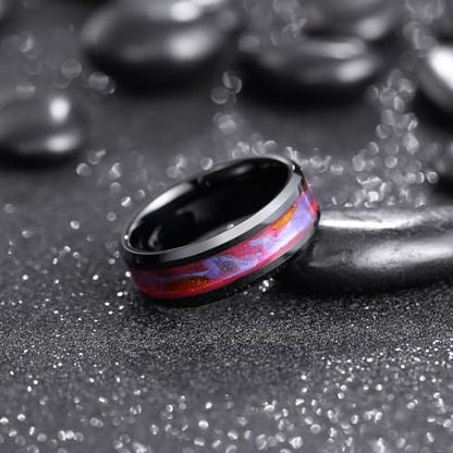 King Will Mens Galaxy Tungsten Wedding Band | 6mm/8mm, Beveled Edge, Comfort Fit, Durable, Sandstone Opal Inlay Polished, Everyday Wear - color: Black&Red&Blue