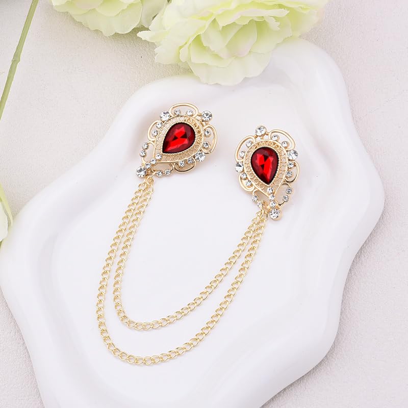 Teardrop Rhinestone Brooch Mens Lapel Pins for Shirt Collar Hanging Chain Brooch Suit Pin Crystal Rhinestone Lapel Pins for Men - color: Red