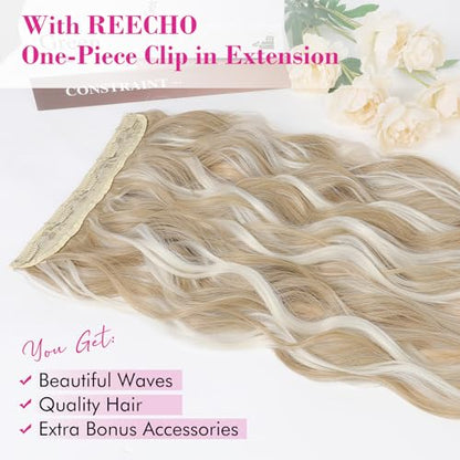 REECHO Blonde Hair Extensions, 20” One Piece Clip in Hair Extensions Thick Long Beach Wavy Natural Soft Synthetic Hairpieces for Women, Ash Blonde with Highlights - color: Ash Blonde with Highlights - Wavy, size: 20 Inch (Pack of 1)