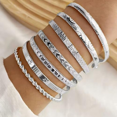 Gold Bangle Bracelets for Women, 14k Gold Plated Multi Layer Textured Stackable Open Bracelet Set Boho Indian Bangles Stackable Set Trendy Elegance Charms Non Tarnish Minimalist Bangle Pack - style: Silver 7Pcs