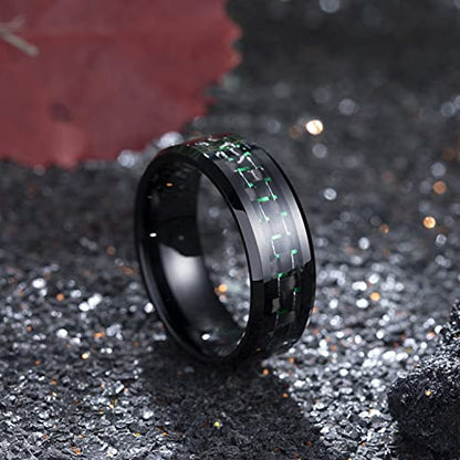 King Will 8mm Mens Tungsten Wedding Rings Carbon Fiber Plaid Inlaid Polished - color: Black-Green Fiber, size: 7