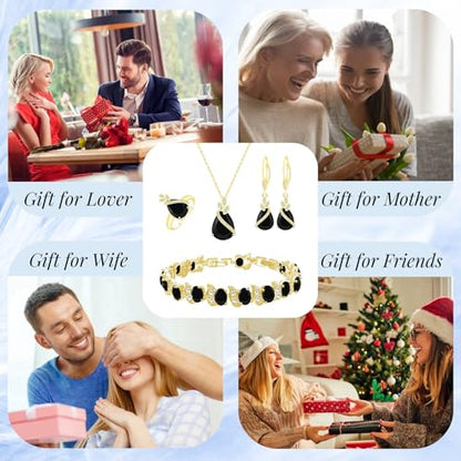 GZWHD Jewelry Set for Women CZ Earrings Necklace Ring Bracelet Set Prom Party Wedding Jewelry Gift for Mother Friend Wife - color: A-Gold-Black