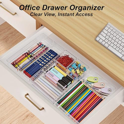 SMARTAKE 25 PCS Drawer Organizer, 4-Size Desk Drawer Organizer Trays | Storage Tray with Non-Slip Silicone Pads for Makeup, Jewelries, Utensils in Bedroom Dresser, Office and Kitchen (Clear) - style: 25 PCS