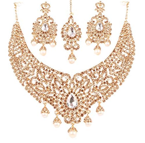 Touchstone Indian jewelry sets for women tikka wedding necklace costume guest statement bollywood rhinestones crystal faux pearls gold big royal neck piece set bridal fashion accessories - color: 1 Gold