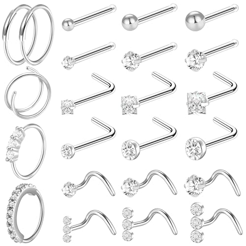 23-40 Pcs Gold Nose Rings & Studs - 18G & 20G Nose Piercing Jewelry - L Shape, Hoop & Screw Body Jewelry for Women & Men - color: Silver