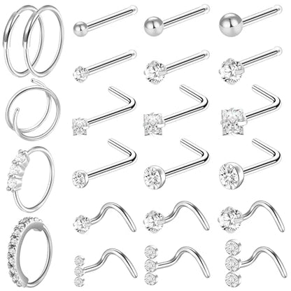 23-40 Pcs Gold Nose Rings & Studs - 18G & 20G Nose Piercing Jewelry - L Shape, Hoop & Screw Body Jewelry for Women & Men - color: Silver