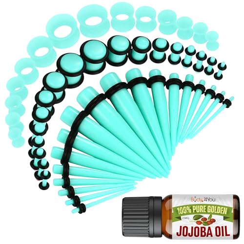 BodyJ4You 54PC Ear Stretching Kit 14G-12mm - Aftercare Jojoba Oil - Acrylic Plugs Gauge Tapers Silicone Tunnels - Lightweight Expanders Men Women - color: Green Turquoise