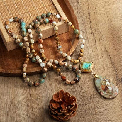 Yomisa Long Necklaces for Women Trendy, 33/34/35 inch | Boho Beaded Necklaces for Women, Natural Stone Pendant, Handmade Knotted Bead, Bohemian Holiday Summer Western Charm Jewelry - color: 35inch-Agalmatolite
