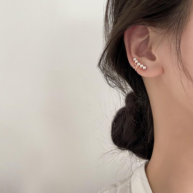 Ear Cuffs Earrings for Women Non Piercing Cartilage Cuff Wrap Clip on Earrings Trendy Pearl Rhinestone Tassel Chain Earrings Jewelry for Women - color: Rose Gold Pearl Ear Cuff