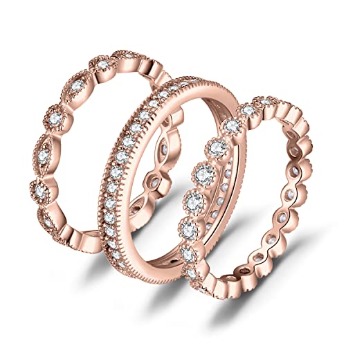JewelryPalace 14K Gold Plated 925 Sterling Silver Rings for Women, Cubic Zirconia Promise Rings for Her, Stackable Wedding Bands Rings for Women Set Size 4-12 - color: C-3Pcs-Rose Gold Plated Brass