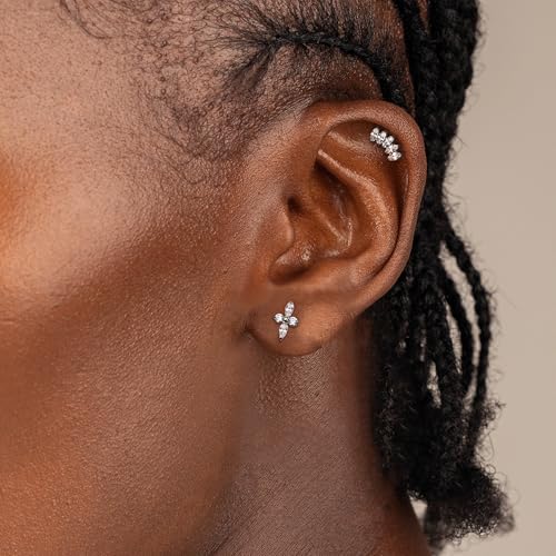 G23 Titanium 16G Tragus Conch Piercing Jewelry Flat Back Stud Earrings | Hypoallergenic CZ Nose Dangle Helix Medusa Lip Labret Body Piercing Jewelry, 14K Gold Plated, Silver, 6 and 8 mm Post Length - color: Floral Sparkle-Titanium