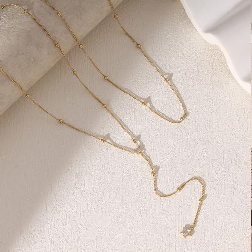 Layered Necklaces for Women,Dainty 14K Gold Plated Long Lariat Necklace Stack Simple Chain Pendant Necklace Fashion Accessories Long Necklaces for Women Trendy Gold Jewelry - color: star