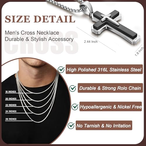 Men's Cross Necklace 316L Stainless Steel Large Heavy Cross Pendant for Men Polished Jewelry Rolo Chain with 22'' 24'' 26'' - color: E-White and Black, size: 22 inch