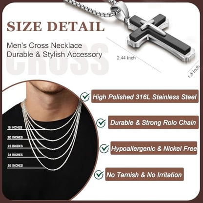 Men's Cross Necklace 316L Stainless Steel Large Heavy Cross Pendant for Men Polished Jewelry Rolo Chain with 22'' 24'' 26'' - color: E-White and Black, size: 24 inch