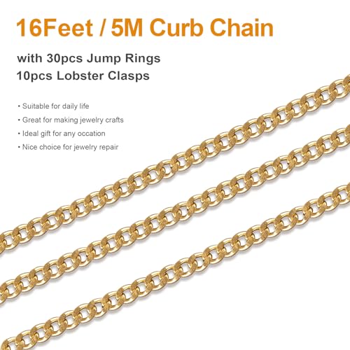Kyutong 16.4 Feet Gold Plated Craft Chains for Jewelry Making | 304 Stainless Steel Curb Chain Roll for Women Men Necklace Bracelet DIY Supplies Findings - color: Gold Curb