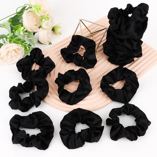 16 Pcs Satin Scrunchies Bridesmaid Proposal Gifts Hair Ties Scrunchies for Women Girls Bachelorette Party Favors (Black) - color: Black
