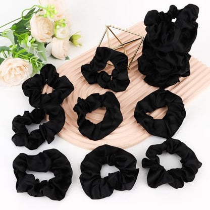 16 Pcs Satin Scrunchies Bridesmaid Proposal Gifts Hair Ties Scrunchies for Women Girls Bachelorette Party Favors (Black) - color: Black